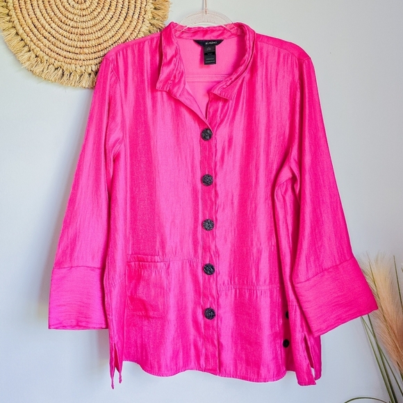 Ali Miles, Pink Woven Shimmer Stand Collar Button Front Pocket Tunic SZ Large - Picture 13 of 13